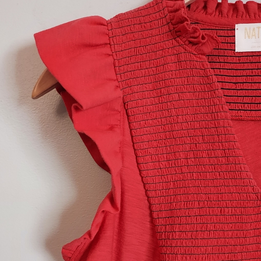 Nation LTD Habida Rouge Red Smocked Flutter Sleeve Top Size Small - Picture 3 of 11